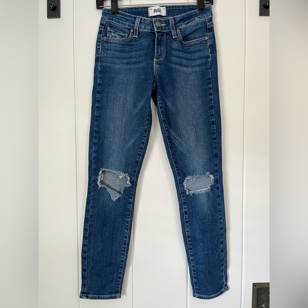 PAIGE Blue Ankle Cropped Distressed Jeans